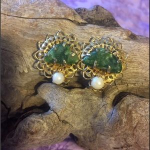 Vintage Clip On Earrings Green Stone and Faux Pearls